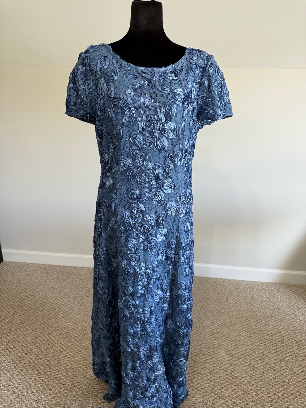 Alex Evenings Size 14 Blue Floral Appliqué Sequin Formal Gown